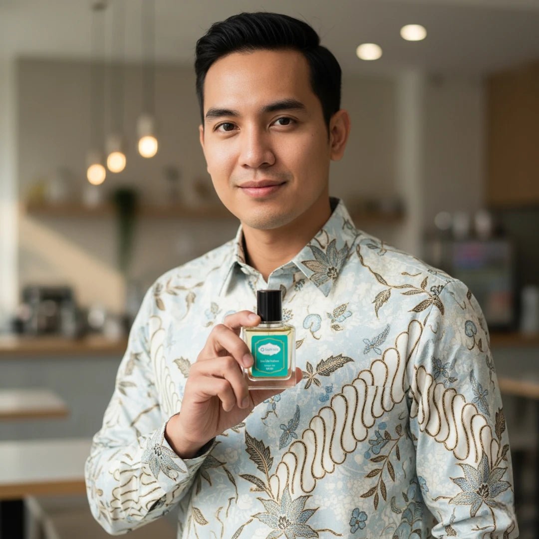 Malay man in modern batik shirt holding Harum.sg teal perfume bottle in a cozy cafe setting