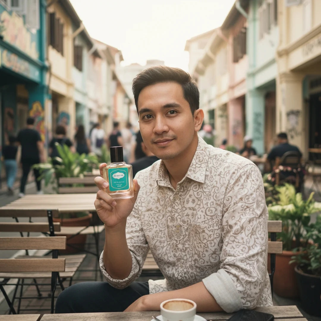 Man sitting at an outdoor café in Singapore holding a turquoise-labeled perfume bottle, smiling slightly with a cup of coffee on the table and colorful shophouses in the background.