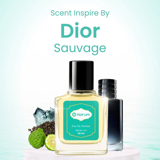 Harum Eau De Parfum bottle with Dior Sauvage branding on a light blue background