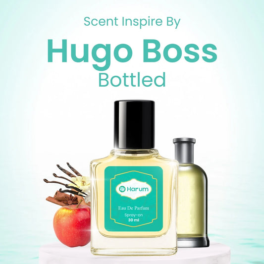 Perfume bottle with 'Hugo Boss' branding and 'Harum' label on a light blue background