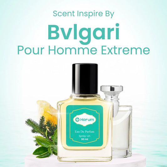 Bulgari Pour Homme Extreme perfume bottle with green label on a light blue background