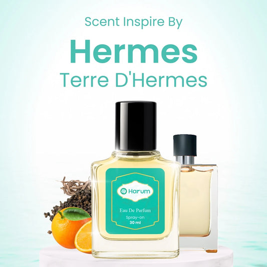 Perfume bottle labeled 'Harum' inspired by Hermes Terre D'Hermes on a light blue background.