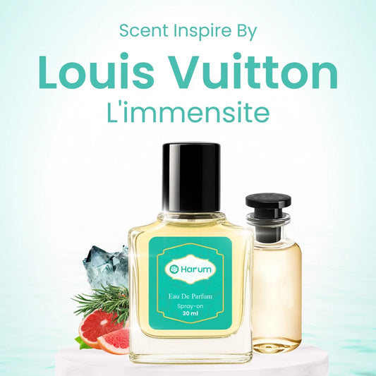 Louis Vuitton perfume bottle with 'Harum' label on a light blue background