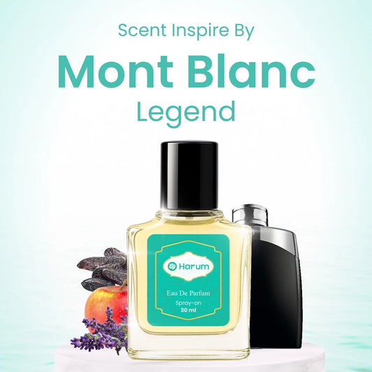 Perfume bottle with Mont Blanc branding on a light blue background