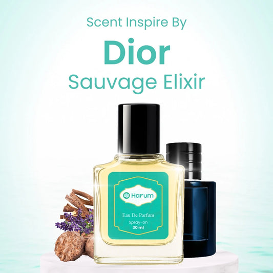 Dior Sauvage Elixir perfume bottle with 'Harum' branding on a light blue background