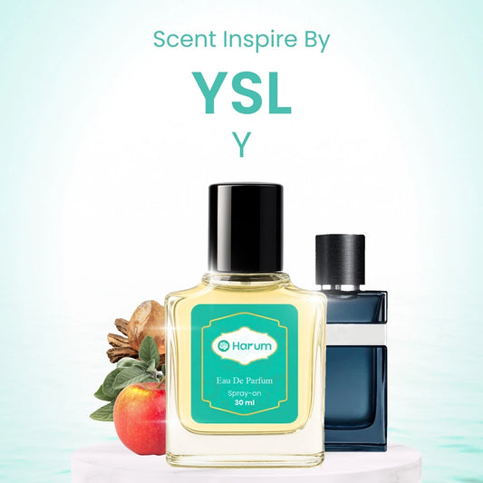 Two perfume bottles with a label 'Harum' on a light blue background, featuring the YSL brand.