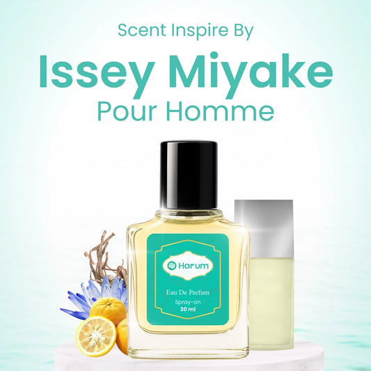 Issey Miyake Pour Homme perfume bottle with floral and fruit elements on a light blue background