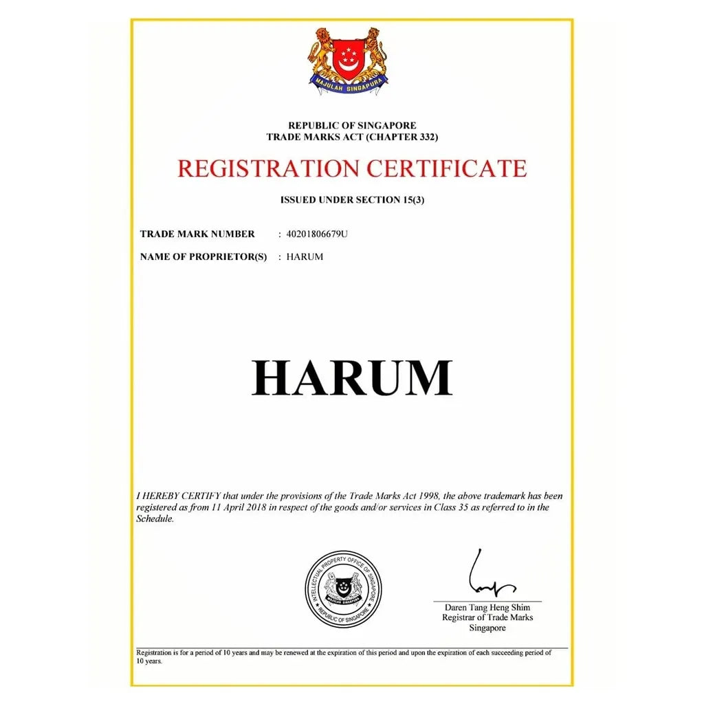 Official Singapore Trademark Registration Certificate for the brand name HARUM under the Trade Marks Act, registered from April 11, 2018, for Class 35 services.