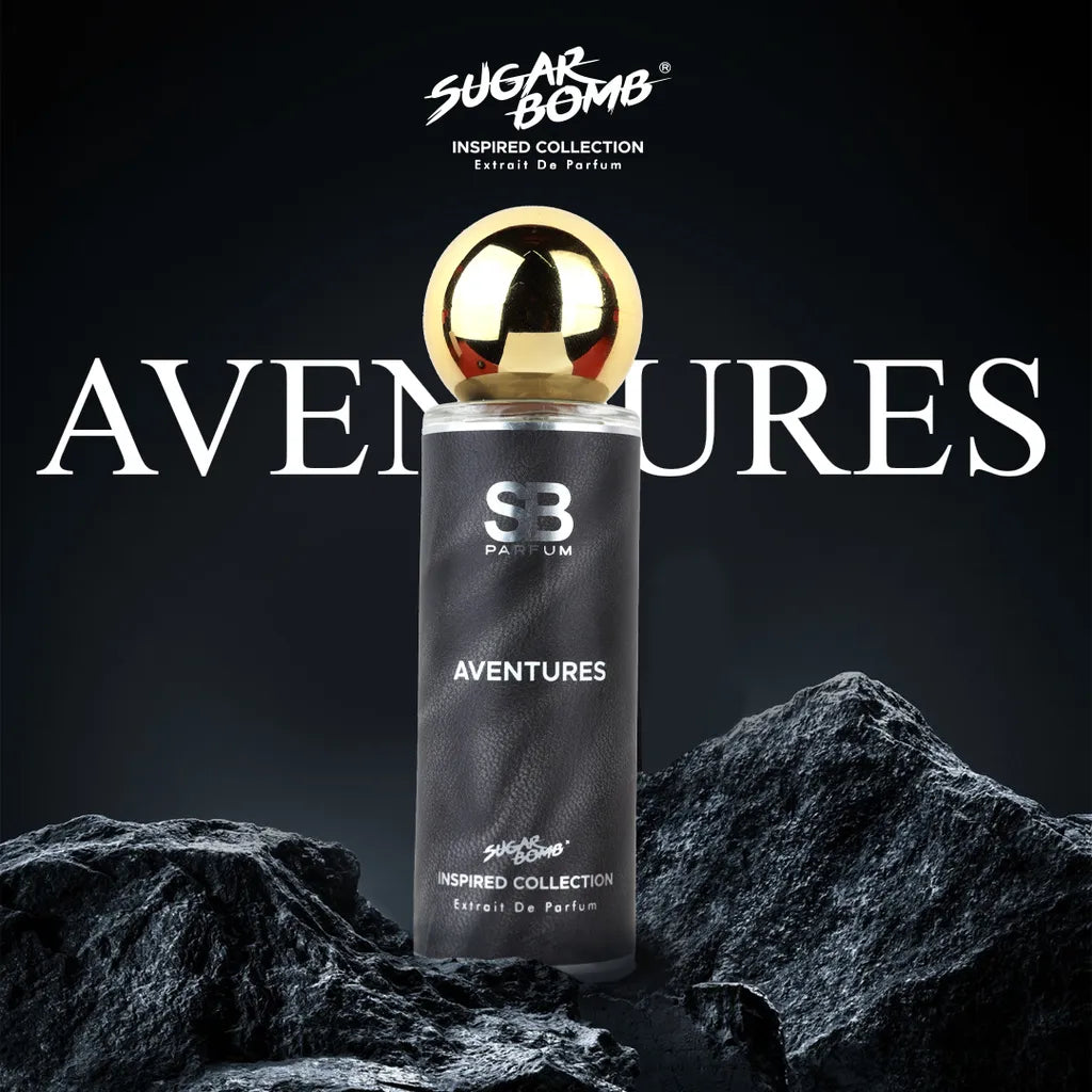 SugarBomb Aventures Extrait De Parfum from the Inspired Collection, a men's fragrance inspired by Creed Aventus, displayed on dark rugged rocks.