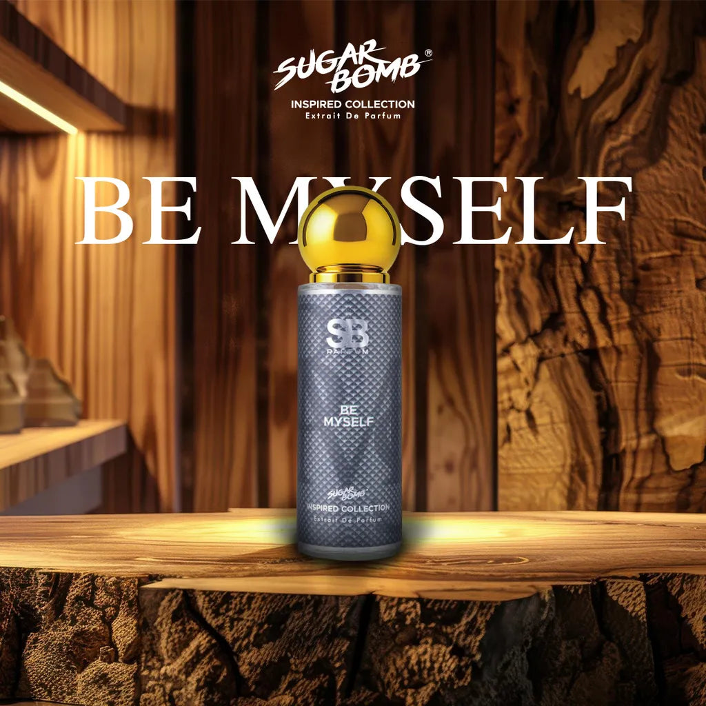 SugarBomb Be Myself Extrait De Parfum, a modern fresh and woody men's fragrance inspired by YSL MYSLF, presented on a polished wood slab with a warm timber background.