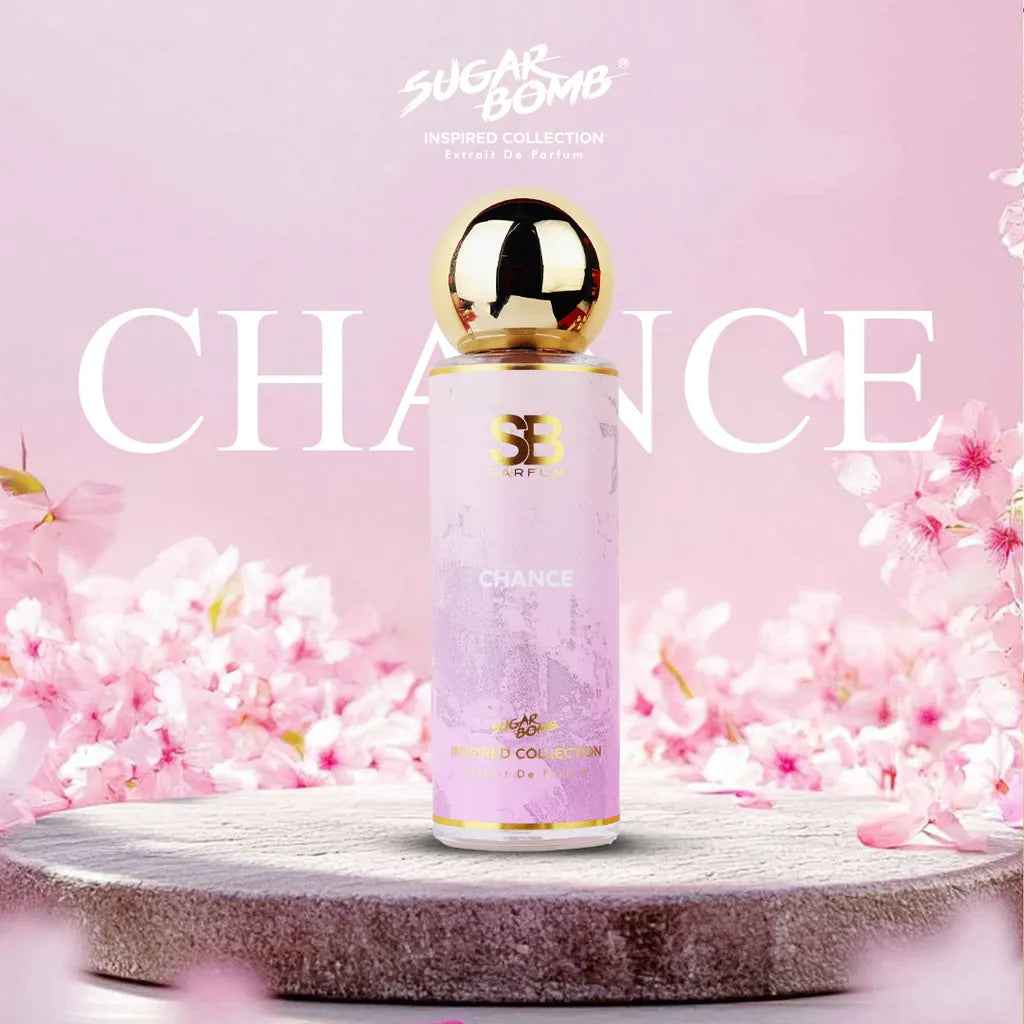 SugarBomb Chance Extrait De Parfum from the Inspired Collection, a floral women's fragrance inspired by Chanel Chance, set against a pink cherry blossom background.