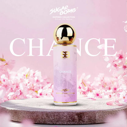 SugarBomb Chance Extrait De Parfum from the Inspired Collection, a floral women's fragrance inspired by Chanel Chance, set against a pink cherry blossom background.