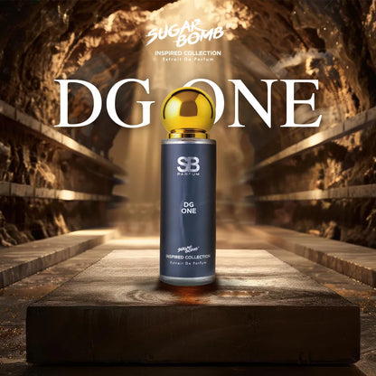 SugarBomb DG One Extrait De Parfum from the Inspired Collection, a warm amber and tobacco men's fragrance inspired by Dolce & Gabbana The One, showing a dark grey bottle with a gold cap standing on a wooden pedestal inside a sunlit stone vault or tunnel.
