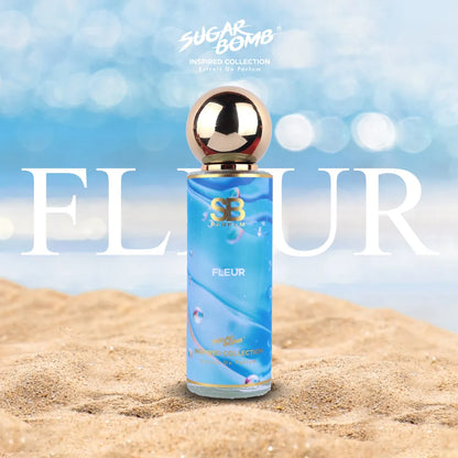 SugarBomb Fleur Extrait De Parfum from the Inspired Collection, a floral woody fragrance inspired by Ex Nihilo Fleur Narcotique, set on a sunny beach background.