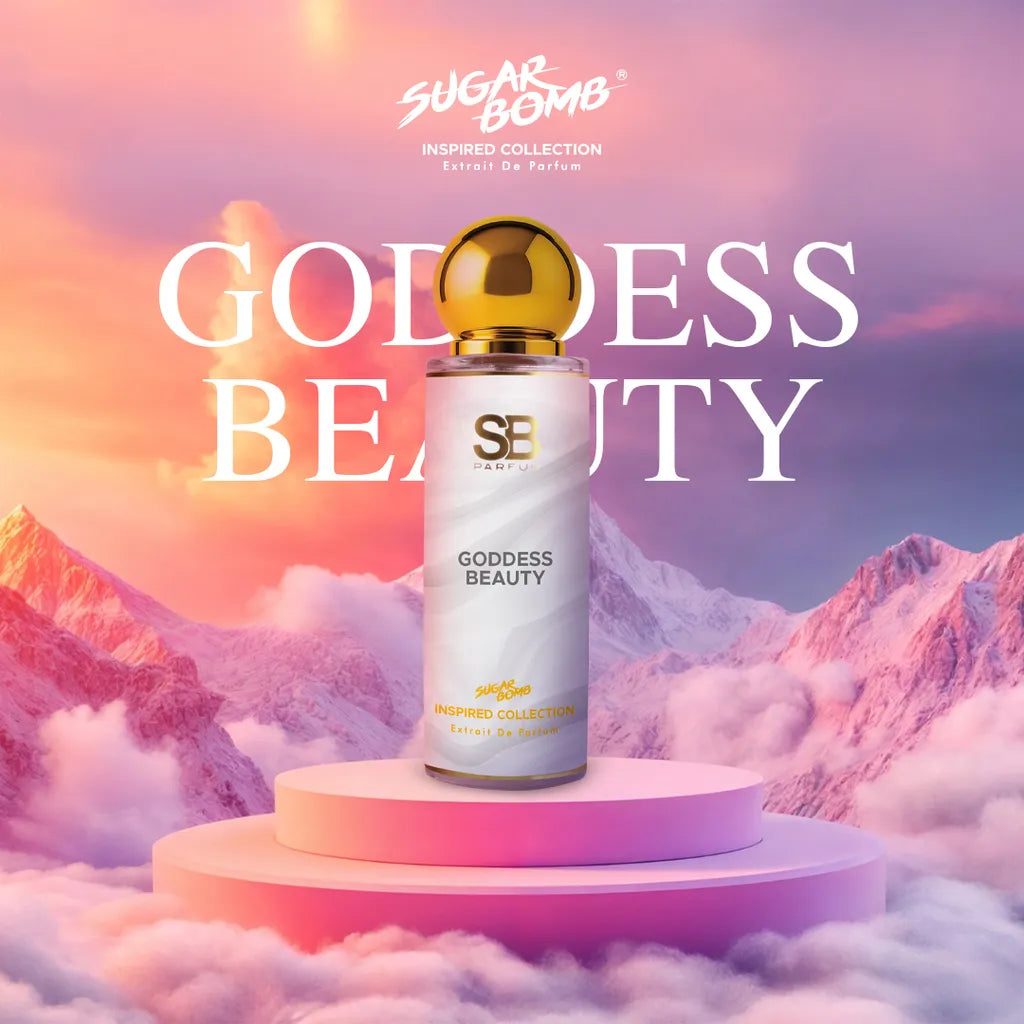 SugarBomb Goddess Beauty Extrait De Parfum from the Inspired Collection, a warm vanilla fragrance inspired by Burberry Goddess, on a pink pedestal with a mountain sunset background.