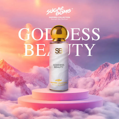 SugarBomb Goddess Beauty Extrait De Parfum from the Inspired Collection, a warm vanilla fragrance inspired by Burberry Goddess, on a pink pedestal with a mountain sunset background.