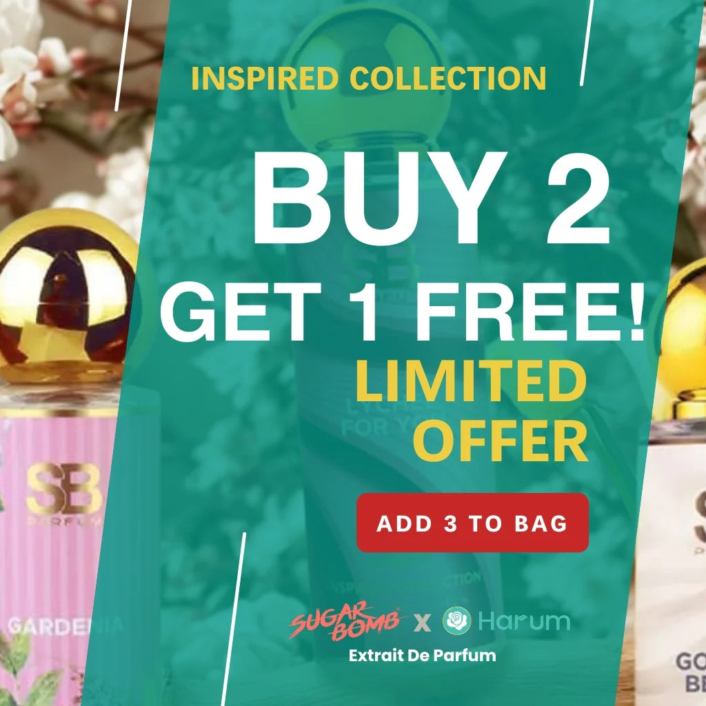 SugarBomb x Harum Inspired Collection Extrait De Parfum banner ad promoting a limited time Buy 2 Get 1 Free deal with an Add 3 to Bag button.