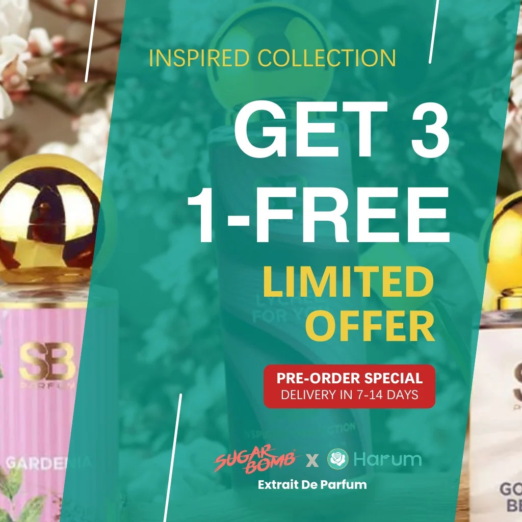 SugarBomb x Harum Extrait De Parfum pre-order limited offer banner featuring a 'Get 3 1-Free' promotion. The graphic shows perfume bottles, including Gardenia, on a green background with a 7-14 day delivery notice.