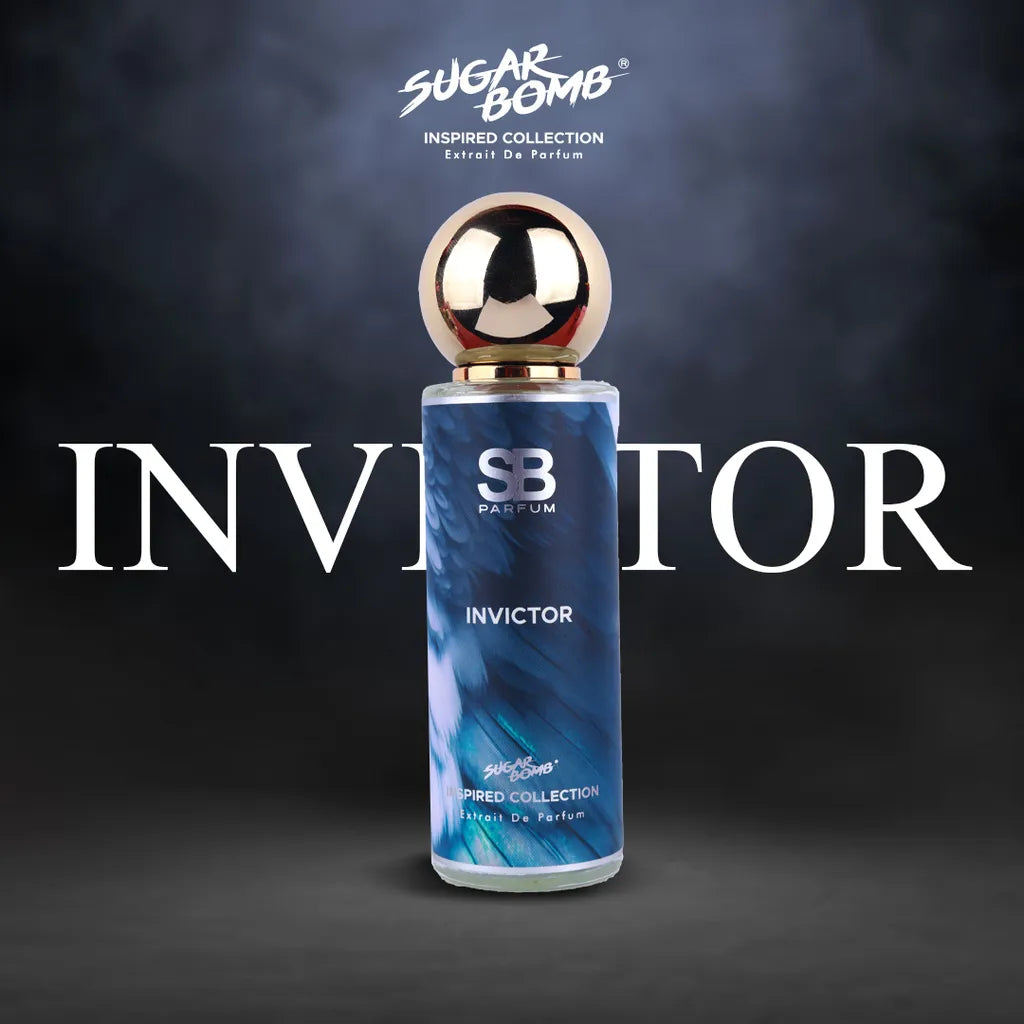 SugarBomb Invictor Extrait De Parfum from the Inspired Collection, a fresh aquatic men's fragrance inspired by Paco Rabanne Invictus, featured against a dark smoky background.
