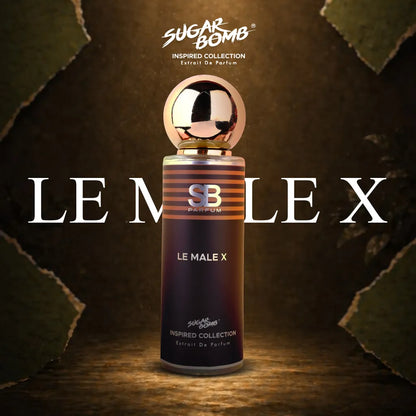 SugarBomb Le Male X Extrait De Parfum bottle from the Inspired Collection, a clone fragrance inspired by Jean Paul Gaultier Le Male Elixir. The product shot shows the dark brown striped perfume bottle with a round gold metallic cap centered in a spotlight against a dark textured background.