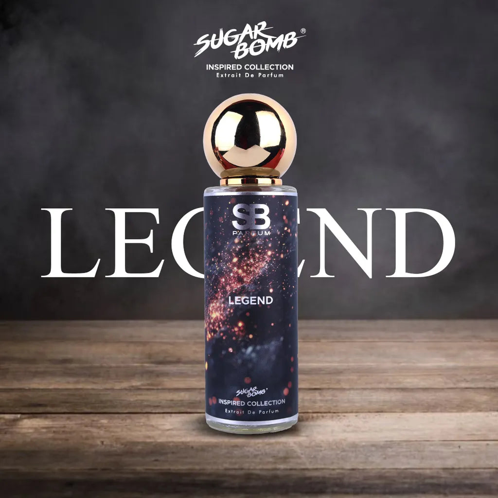 SugarBomb Legend Extrait De Parfum from the Inspired Collection, a classic aromatic men's fragrance inspired by Montblanc Legend, set against a dark smoky background on a wooden surface.