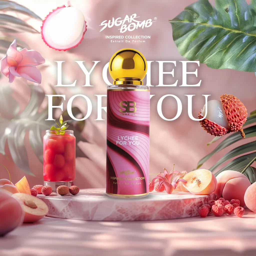 SugarBomb Lychee For You Extrait De Parfum, a vibrant fruity fragrance inspired by Kayali Eden Sparkling Lychee 39, featuring fresh lychee, red berries, and tropical leaves.