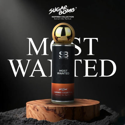 SugarBomb Most Wanted Extrait De Parfum from the Inspired Collection, a spicy amber men's fragrance inspired by Azzaro The Most Wanted, set on a natural wood block with a dark spotlight background.