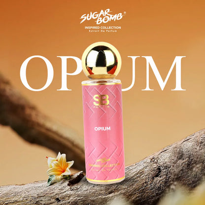 SugarBomb Opium Extrait De Parfum from the Inspired Collection, a seductive vanilla and coffee fragrance inspired by YSL Black Opium, resting on a textured tree branch.