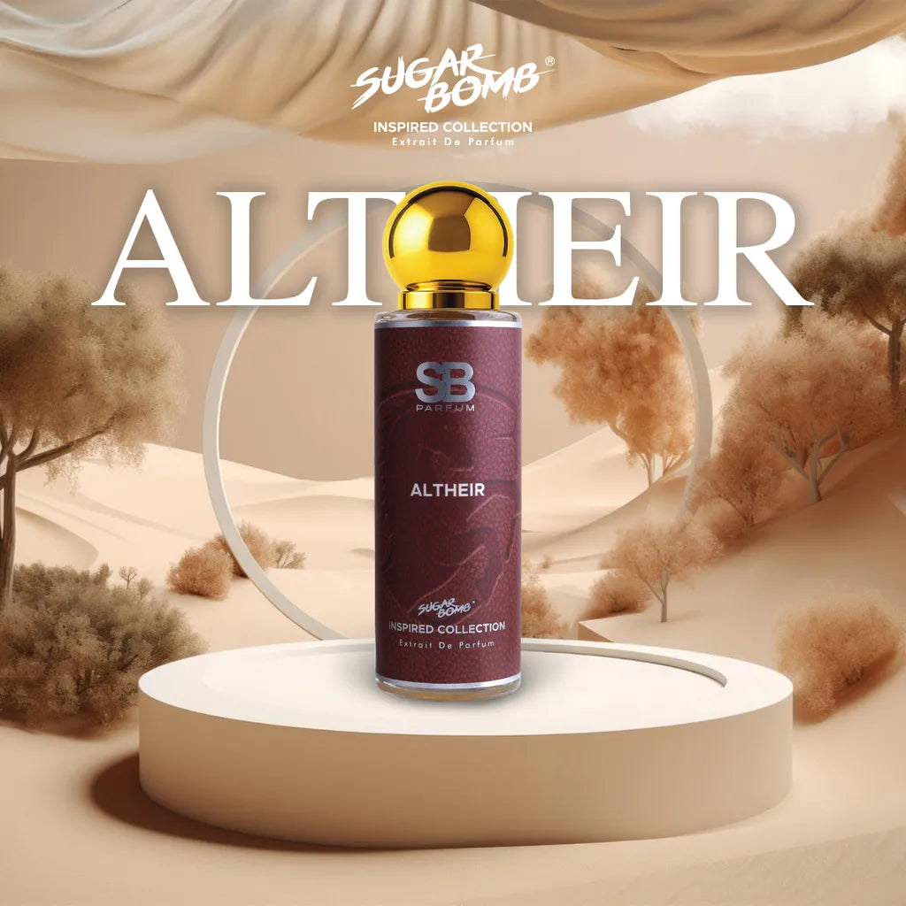 SugarBomb Altheir Extrait De Parfum from the Inspired Collection, a luxurious sweet vanilla and warm spicy fragrance inspired by Parfums de Marly Althair, featuring a maroon textured bottle on a cream circular pedestal surrounded by a golden desert dune background with autumn trees.