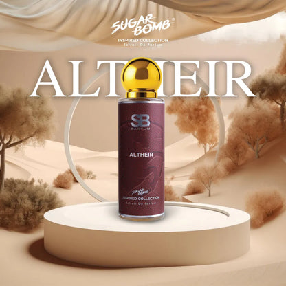 SugarBomb Altheir Extrait De Parfum from the Inspired Collection, a luxurious sweet vanilla and warm spicy fragrance inspired by Parfums de Marly Althair, featuring a maroon textured bottle on a cream circular pedestal surrounded by a golden desert dune background with autumn trees.