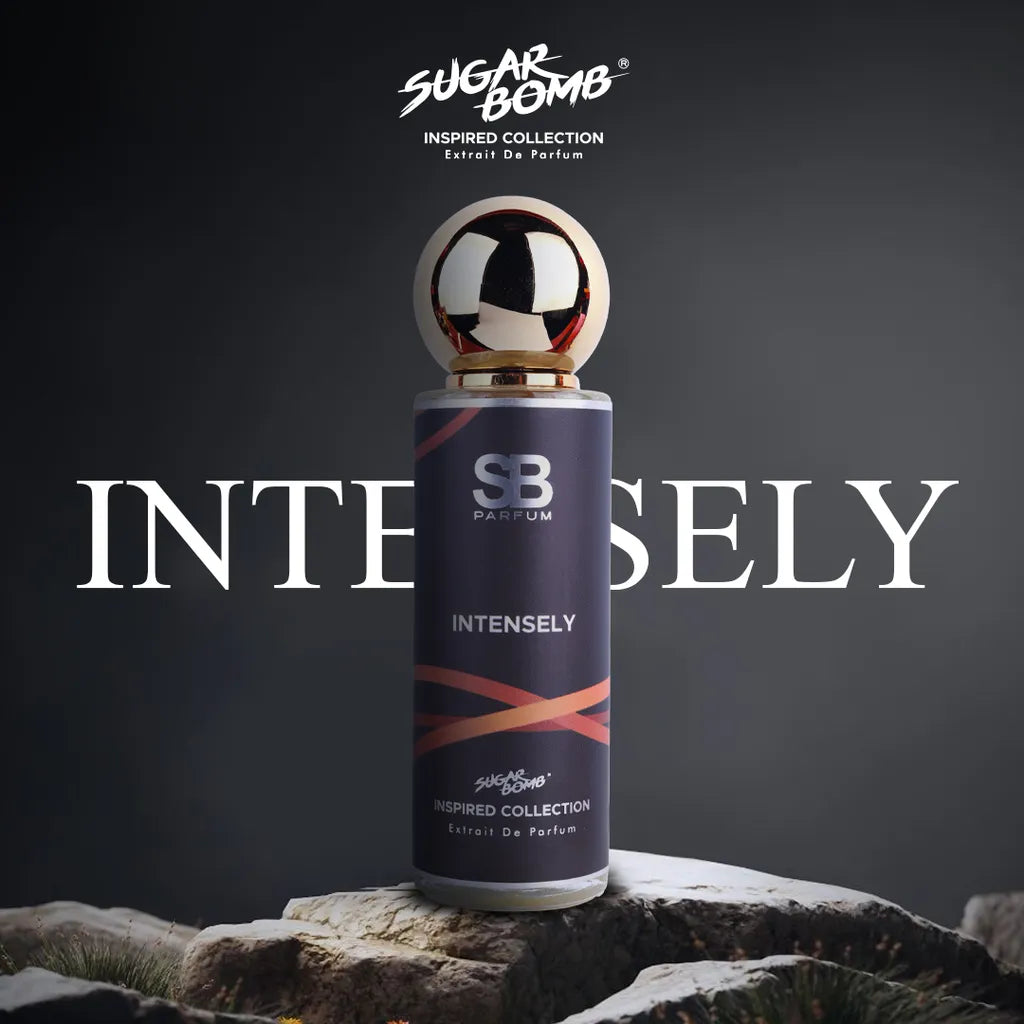 SugarBomb Intensely Extrait De Parfum infographic breaking down fragrance notes of pink pepper, toffee, and amber wood inspired by Emporio Armani Stronger With You Intensely, shown on a white stone pedestal.