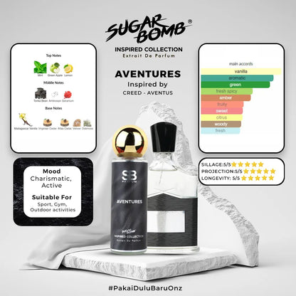 SugarBomb Aventures Extrait De Parfum infographic. Inspired by Creed Aventus. Features a charismatic and active mood profile, highly recommended for sport, gym, and outdoor activities.