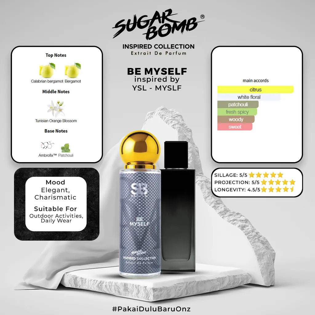 SugarBomb Be Myself Extrait De Parfum infographic. Inspired by YSL MYSLF. Features an elegant and charismatic mood profile, ideal for outdoor activities and daily wear.