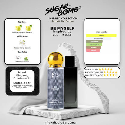 SugarBomb Be Myself Extrait De Parfum infographic. Inspired by YSL MYSLF. Features an elegant and charismatic mood profile, ideal for outdoor activities and daily wear.