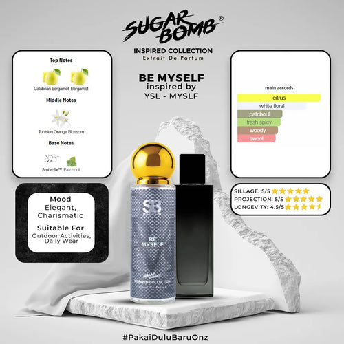 SugarBomb Be Myself Extrait De Parfum infographic. Inspired by YSL MYSLF. Features an elegant and charismatic mood profile, ideal for outdoor activities and daily wear.