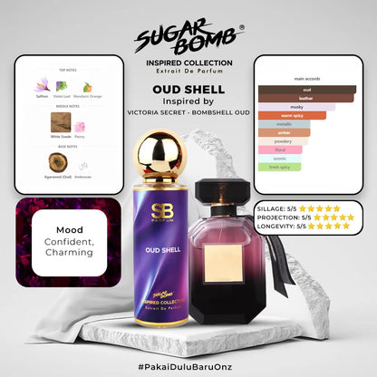 Discover SugarBomb Oud Shell (30ml Extrait), a rich blend of oud, leather, and saffron inspired by VS Bombshell Oud. Shop at Harum.sg - Buy 2, Get 1 Free!
