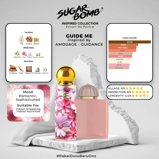 SugarBomb Guide Me Extrait De Parfum infographic breaking down fragrance notes of hazelnut, osmanthus, rose, and akigalawood inspired by Amouage Guidance, displayed on a white stone pedestal.