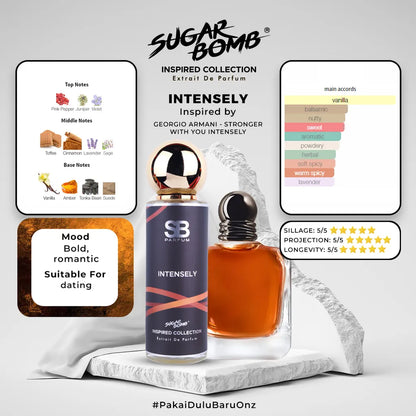 SugarBomb Intensely Extrait De Parfum bottle from the Inspired Collection, standing on a dark volcanic rock structure under dramatic studio lighting.