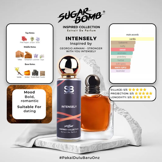 SugarBomb Intensely Extrait De Parfum bottle from the Inspired Collection, standing on a dark volcanic rock structure under dramatic studio lighting.