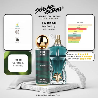 SugarBomb Inspired Collection perfume advertisement for La Beau, a clone of JPG Le Beau. The image shows a fragrance breakdown with bergamot top notes, coconut middle notes, and tonka bean base notes. It includes a chart of main accords featuring coconut, vanilla, and sweet notes, a 5/5 rating for sillage, projection, and longevity, and describes the mood as carefree and friendly.