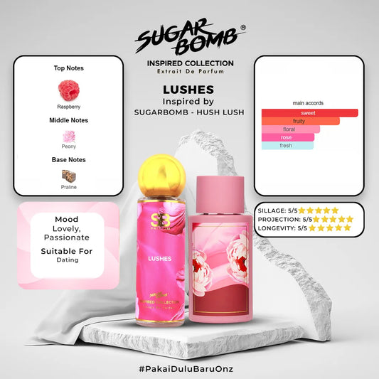 SugarBomb Signature Hush Lush Eau De Parfum fragrance infographic tracking a fresh mandarin opening, elegant peony middle notes, and a sweet praline base profile.