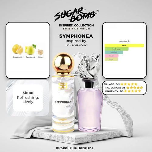 Promotional graphic for SugarBomb’s "Symphonea" Extrait De Parfum from their Inspired Collection. The image highlights that Symphonea is inspired by LV - Symphony. It features a product bottle alongside the original inspiration bottle on a textured stone podium. The graphic details a "Refreshing, Lively" mood, a 5/5 star performance rating for Sillage, Projection, and Longevity, and a main accords chart showing Citrus, Fresh Spicy, Aromatic, Floral, and Bitter notes.