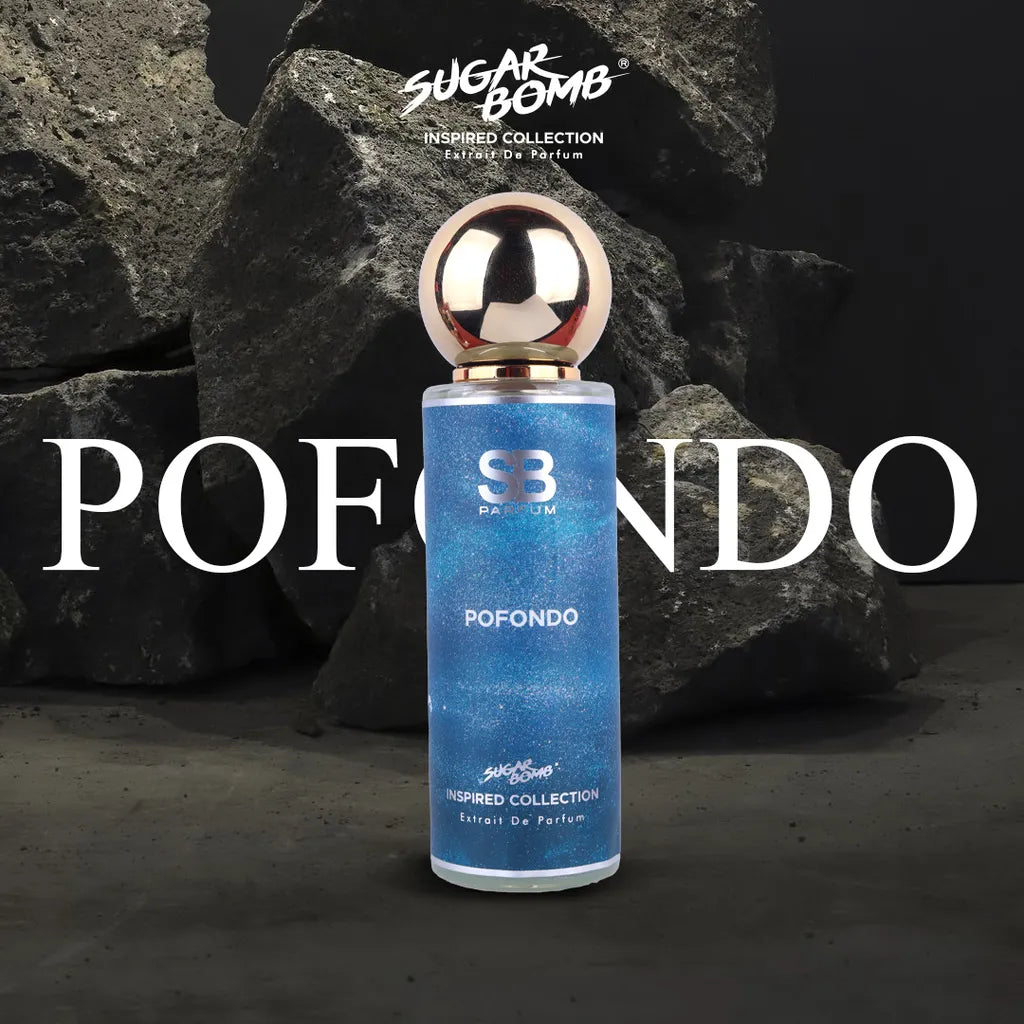 SugarBomb Pofondo Extrait De Parfum from the Inspired Collection, a deep marine and mineral men's fragrance inspired by Armani Profondo, set against dark, jagged ocean rocks.
