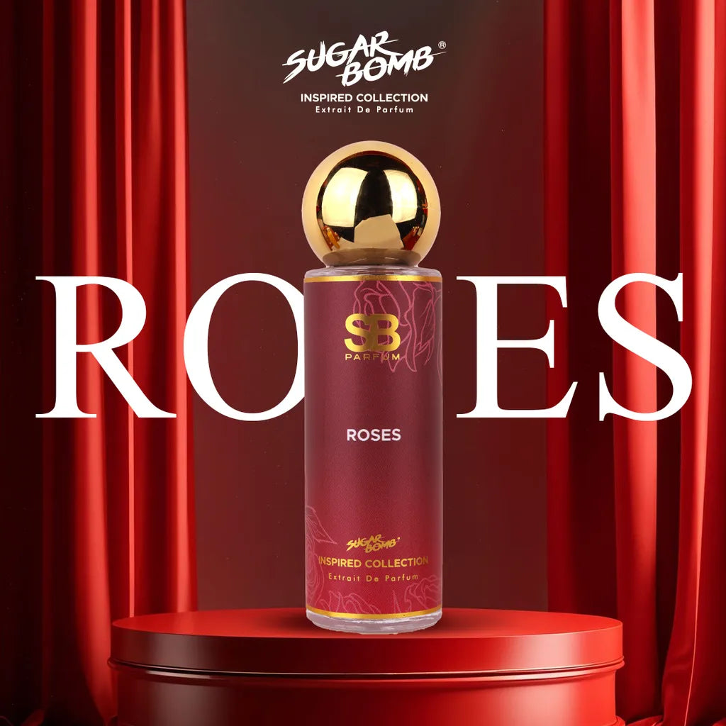 SugarBomb Roses Extrait De Parfum from the Inspired Collection, a deep oud and rose fragrance inspired by Louis Vuitton Les Sables Roses, displayed on a red pedestal with velvet theater curtains.