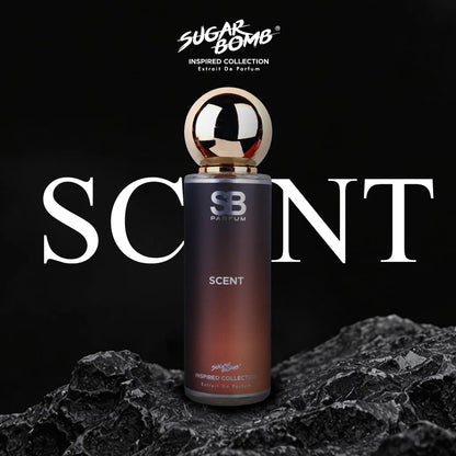 SugarBomb Scent Extrait De Parfum from the Inspired Collection, a magnetic ginger and maninka fruit fragrance inspired by Hugo Boss The Scent, displayed on rugged black volcanic rocks.