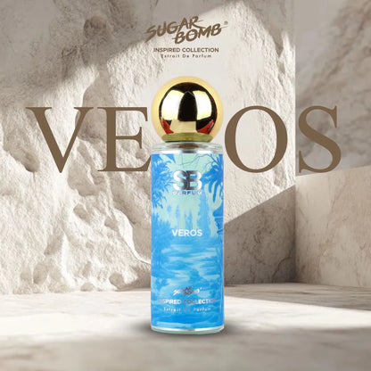 SugarBomb Veros Extrait De Parfum from the Inspired Collection, a fresh and spicy men's fragrance inspired by Versace Eros, set against a bright, textured stone Mediterranean background.