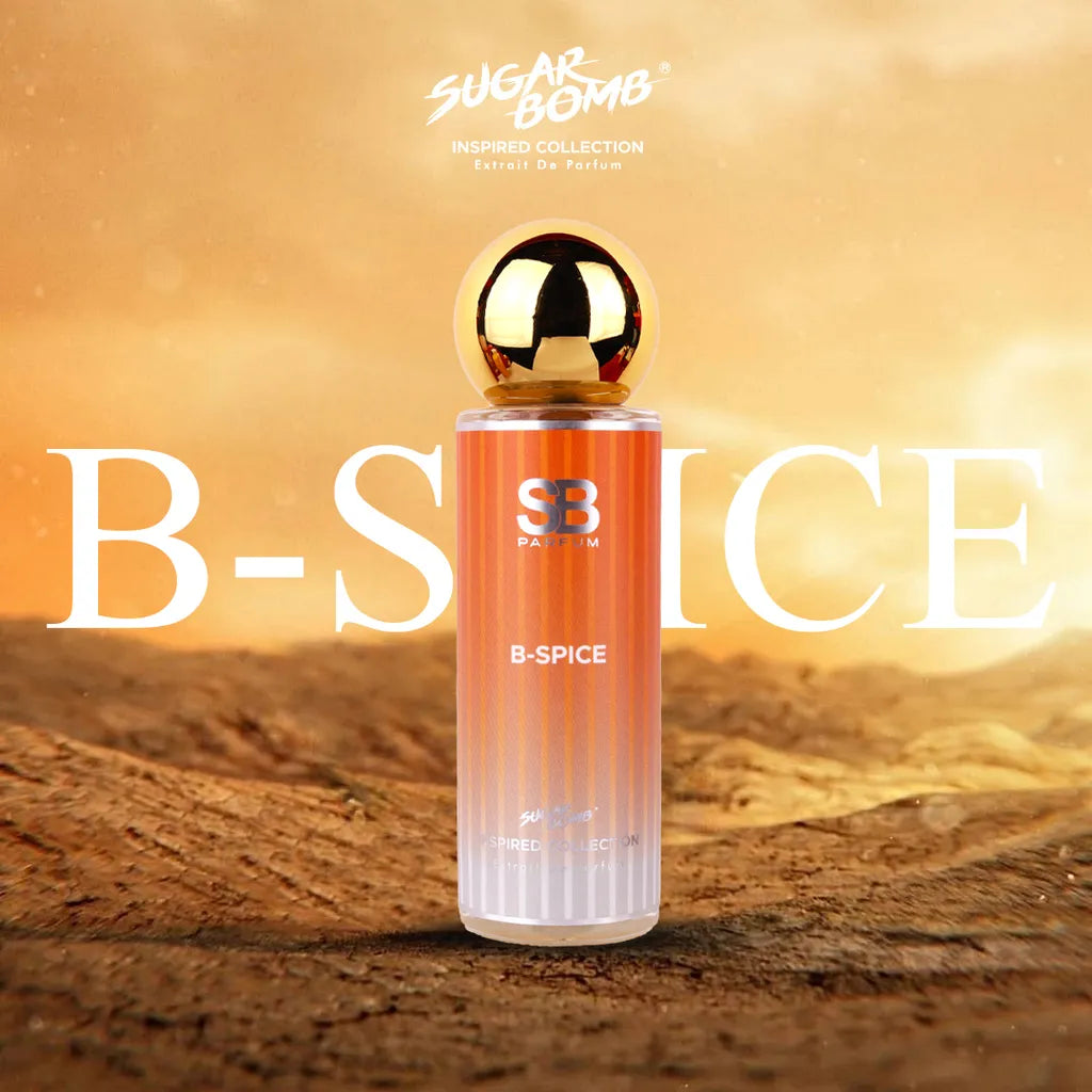 SugarBomb B-Spice Extrait De Parfum from the Inspired Collection, a warm spicy and amber men's fragrance inspired by Viktor & Rolf Spicebomb, set against a hot, dry desert canyon background.