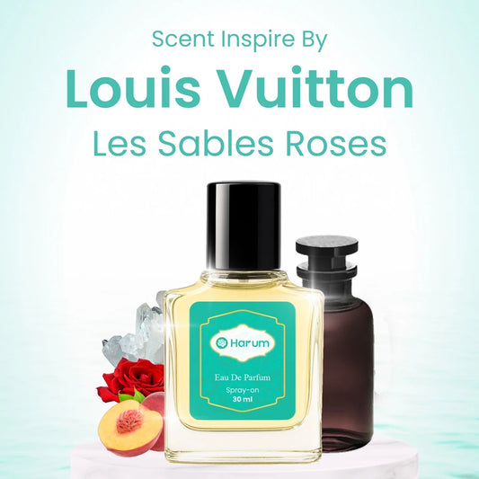 Perfume bottle with Harum branding and Louis Vuitton text on a light blue background