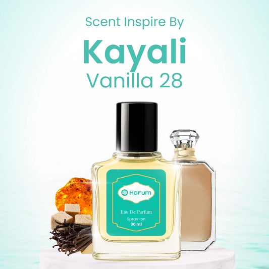 Two perfume bottles with a label 'Harum' on a light blue background, featuring the text 'Scent Inspire By Kayali Vanilla 28'.