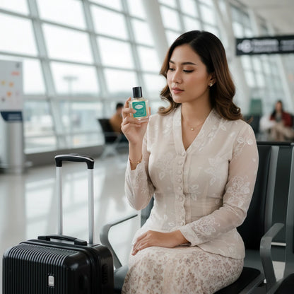 A woman dressed in a traditional white lace kebaya and patterned batik skirt sits in an airport terminal. She is holding a small 30ml harum perfume bottle and looking at it thoughtfully, with a black carry-on suitcase standing next to her against a background of large terminal windows.